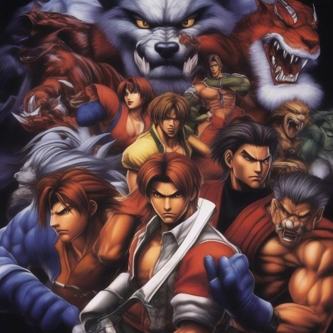 Bloody Roar 1 Cốt Truyện: Hình ảnh các nhân vật trong game với biểu cảm căng thẳng, thể hiện sự gay cấn và bí ẩn của cốt truyện.