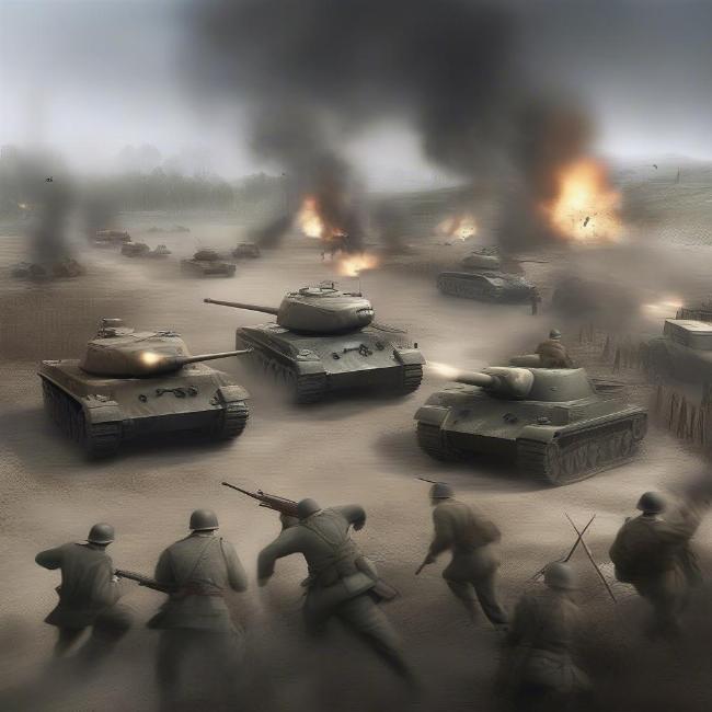 Multiplayer action scene in Company of Heroes, showcasing intense combat between players.