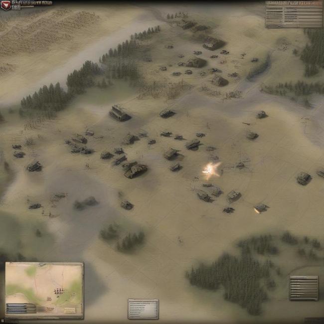 Overhead strategic map view in Company of Heroes, showing troop deployments and resource points.