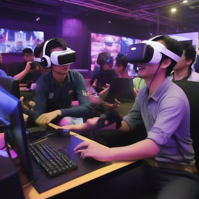 Hình ảnh game thủ trải nghiệm công nghệ VR/AR tại cyber game Hà Đông.