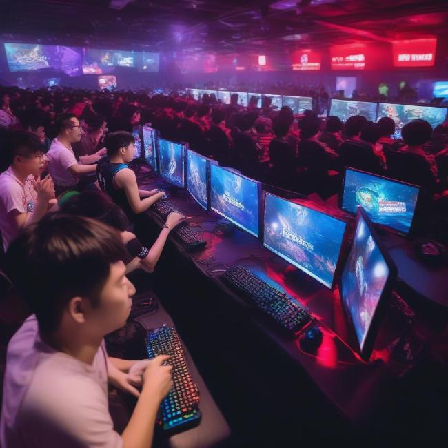 Cảnh game thủ đang thi đấu tại một giải đấu eSports được tổ chức tại cyber game Hà Đông.