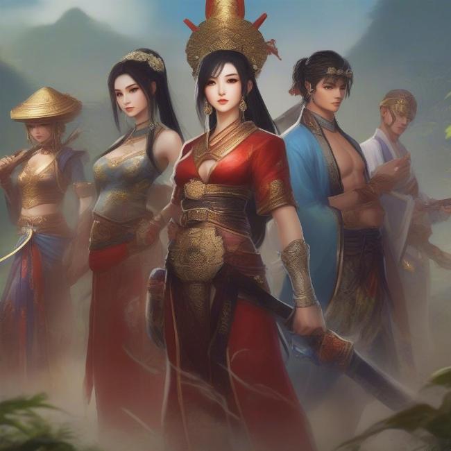 Hình ảnh các nhân vật trong game MMO nhập vai kiếm hiệp Việt Nam với trang phục cổ trang, vũ khí đặc trưng.