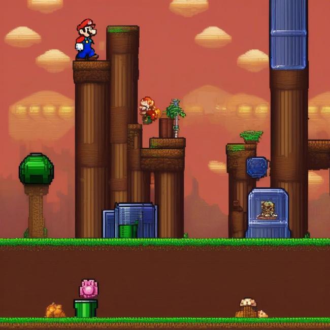 Game thùng đi cảnh Mario với đồ họa pixel cổ điển