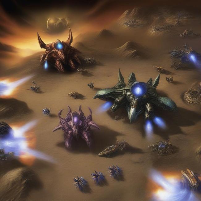 Hình ảnh gameplay Starcraft 1, thể hiện các chủng tộc Terran, Zerg và Protoss trong một trận chiến khốc liệt