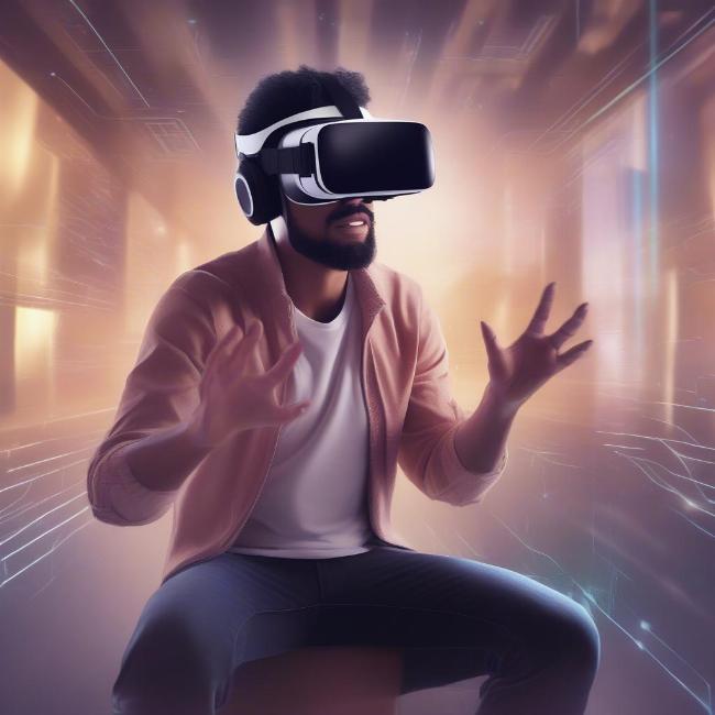 Xu hướng Ice Totally Gaming: VR/AR: Hình ảnh minh họa một người đang trải nghiệm game thực tế ảo với kính VR.