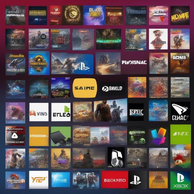 Ảnh tổng hợp logo các nền tảng game sale Black Friday phổ biến như Steam, Epic Games Store, PlayStation Store, Xbox Store, Nintendo eShop.