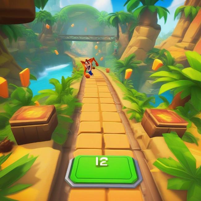 Game đua xe thú Android Crash Bandicoot: On the Run! với nhân vật chính Crash Bandicoot đang tăng tốc trên đường đua.