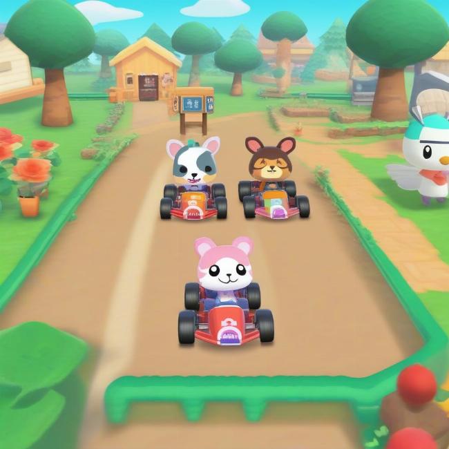 Mini game đua xe thú trong Animal Crossing: Pocket Camp trên Android với các nhân vật động vật đáng yêu đang tham gia cuộc đua.