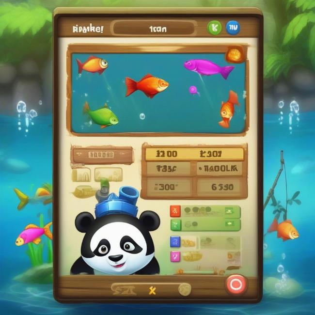 Ảnh chụp màn hình game gấu trúc câu cá, hiển thị giao diện chơi game với các loại cá khác nhau, cần câu và điểm số, minh họa mẹo chơi game.