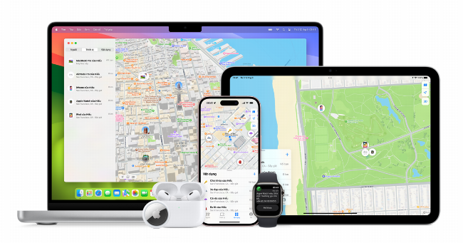 Màn hình ứng dụng Find My của Apple hiển thị danh sách thiết bị và vị trí iPhone