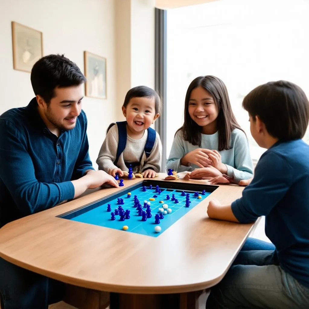 Family playing Blue Marble