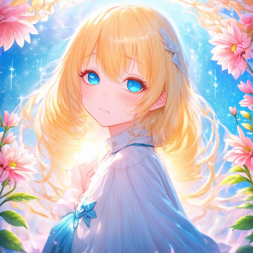 A beautiful anime girl with blonde hair and blue eyes, surrounded by flowers