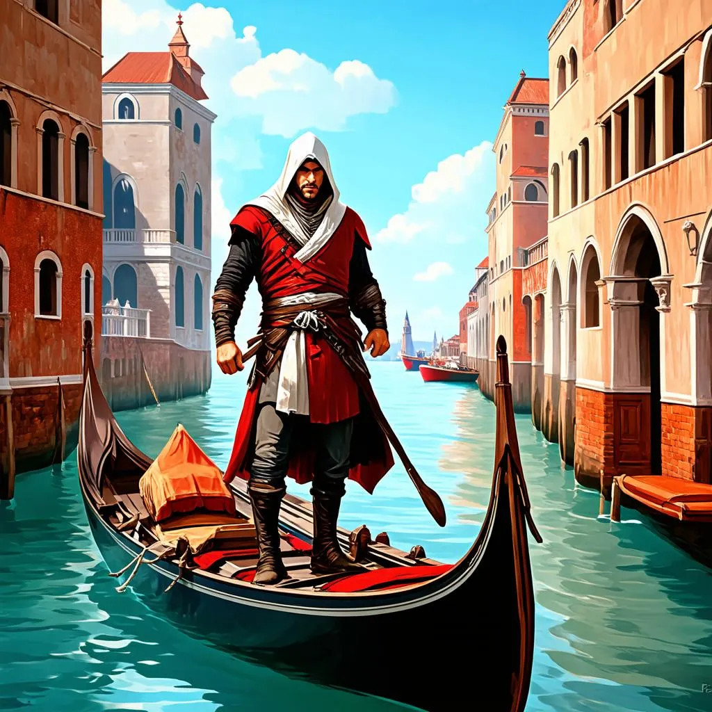 Ezio Auditore đứng trên gondolal ở Venice