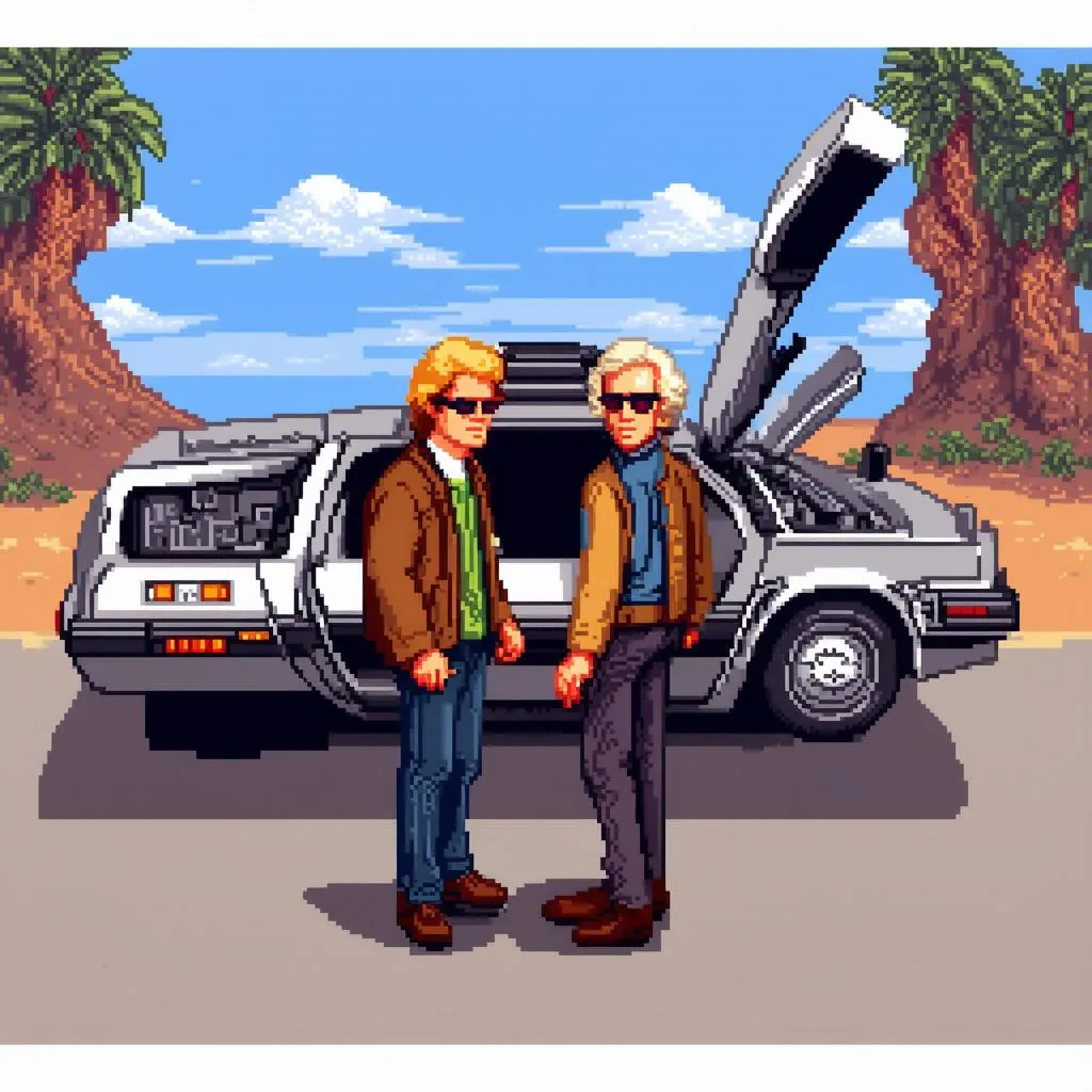 Marty McFly và Doc Brown đứng trước cỗ máy thời gian DeLorean