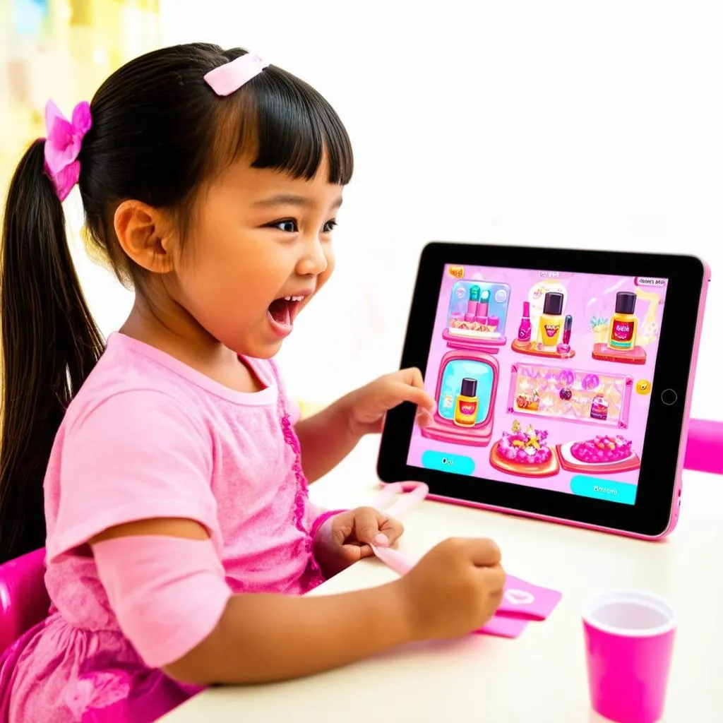 Bé gái đang chơi game sơn móng tay trên Ipad