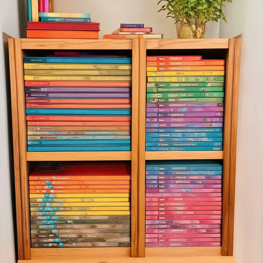 A shelf with many different board games