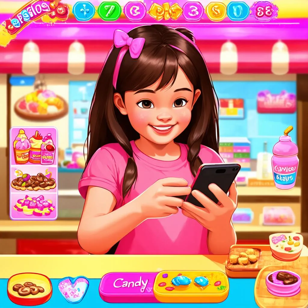 Cô gái đang chơi Candy Shop Game trên điện thoại