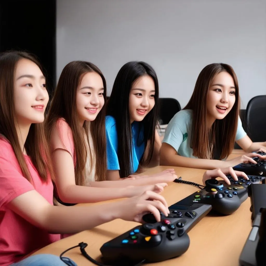 Các cô gái đang vui vẻ chơi game