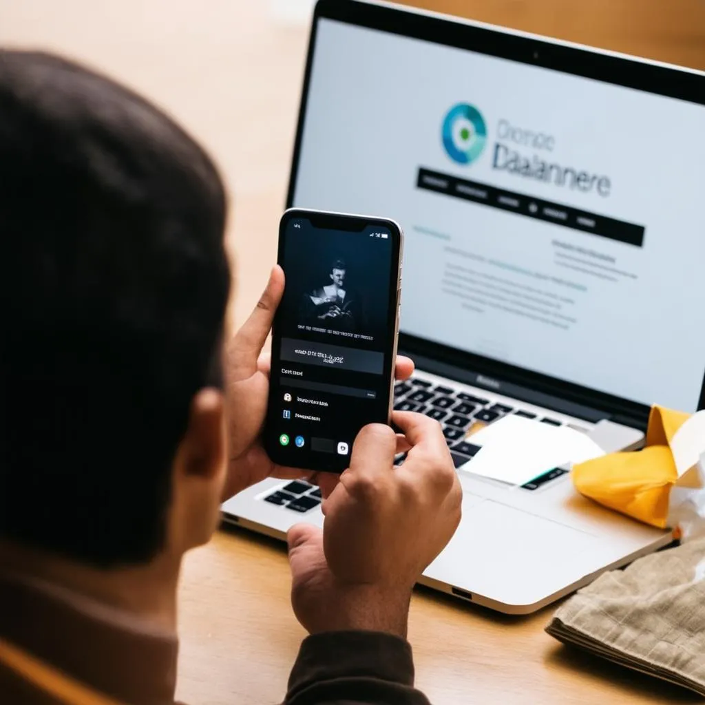 Silhouette of a person sitting on a chair with a question mark above their head, confused between a smartphone and a laptop in front of them