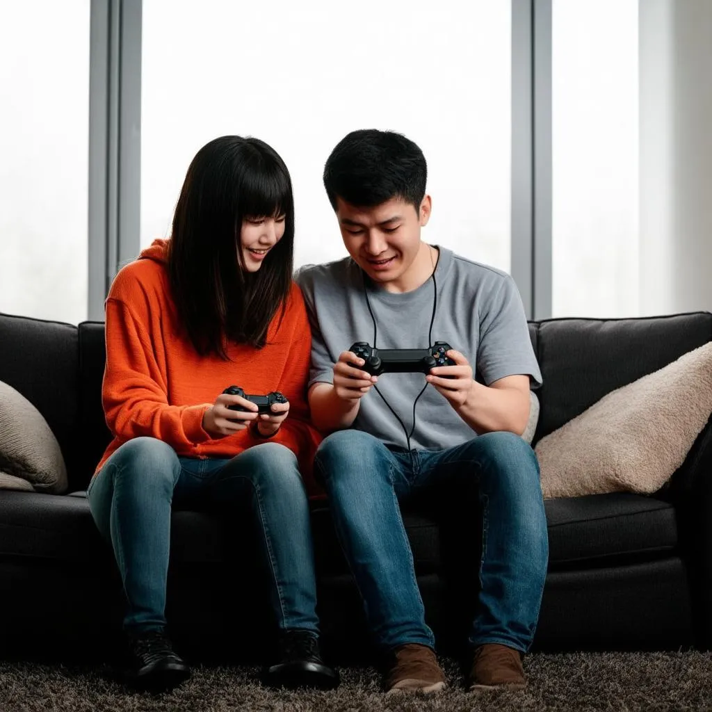 Cặp đôi chơi game trên sofa