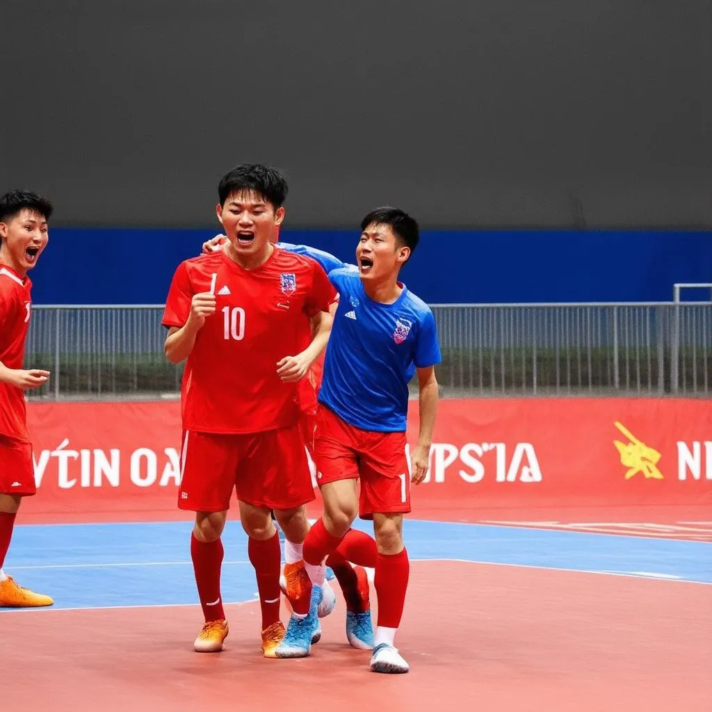 Cầu thủ futsal Việt Nam ăn mừng bàn thắng