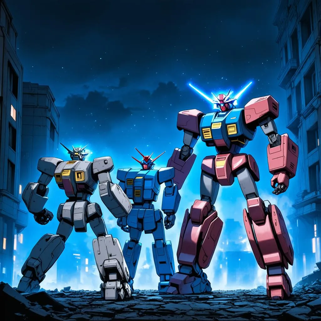 Các chiến binh Gundam chiến đấu vào ban đêm