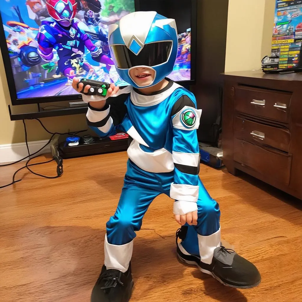 Trẻ em hóa trang Power Rangers chơi game