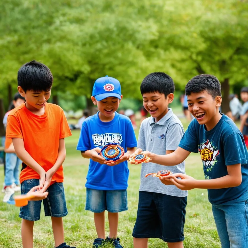 Hình ảnh nhóm trẻ em đang chơi con quay Beyblade