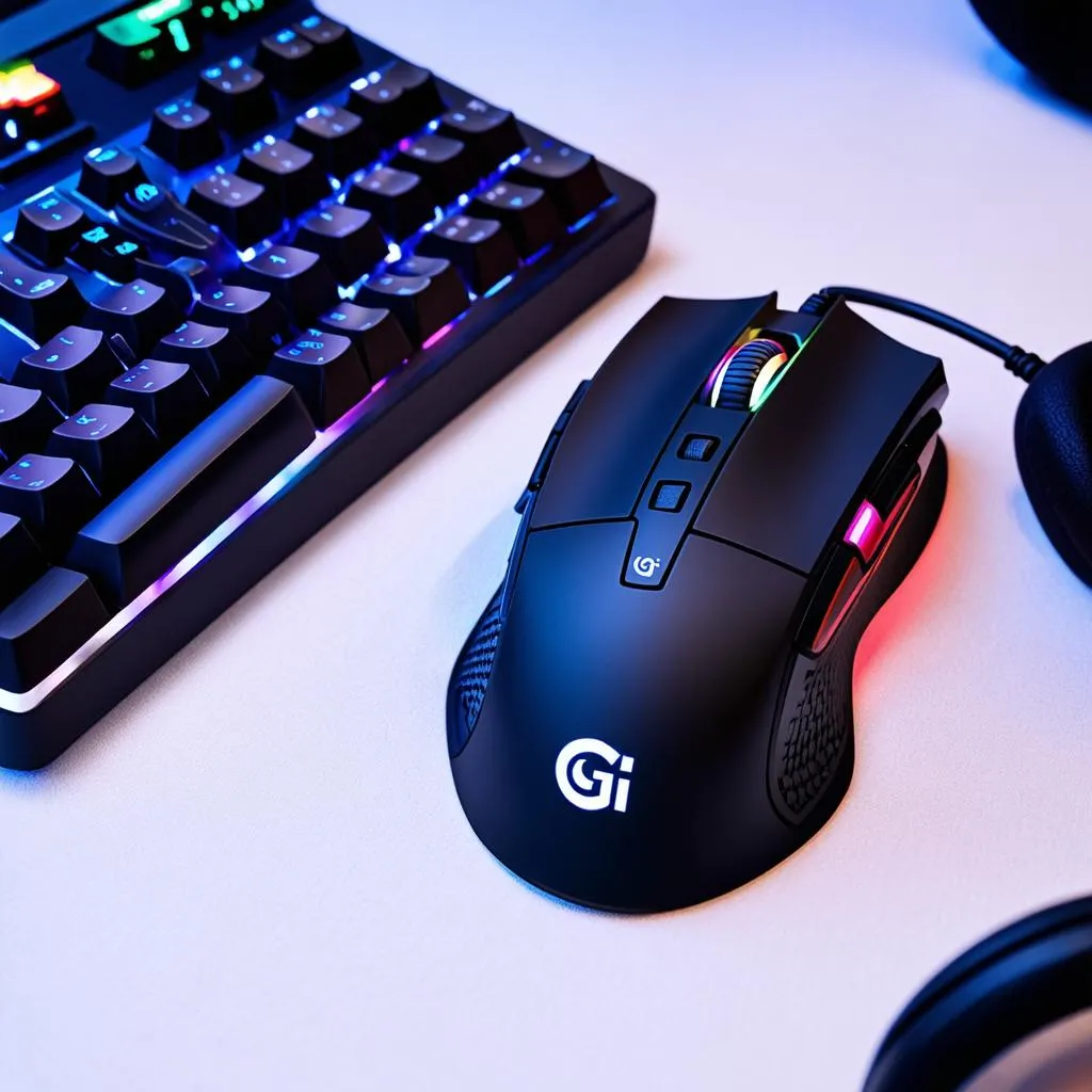 Chuột Logitech G Pro RGB Gaming bên cạnh bàn phím và tai nghe gaming