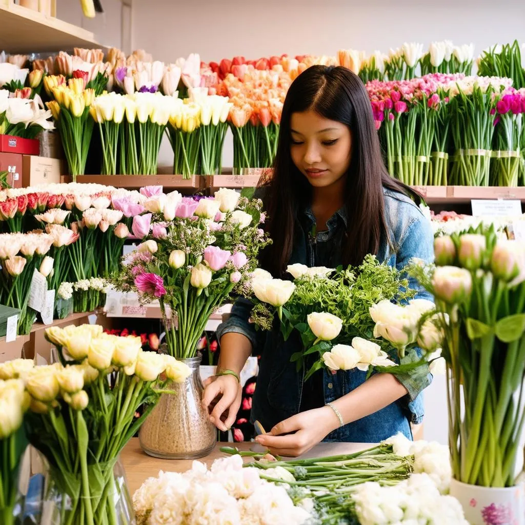 Cô gái đang cắm hoa trong cửa hàng