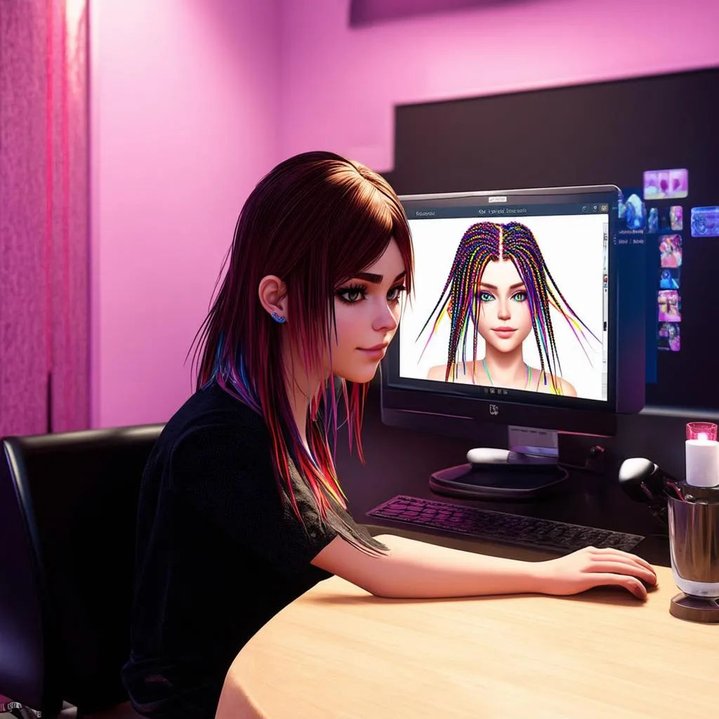 Girl playing hair salon game on computer