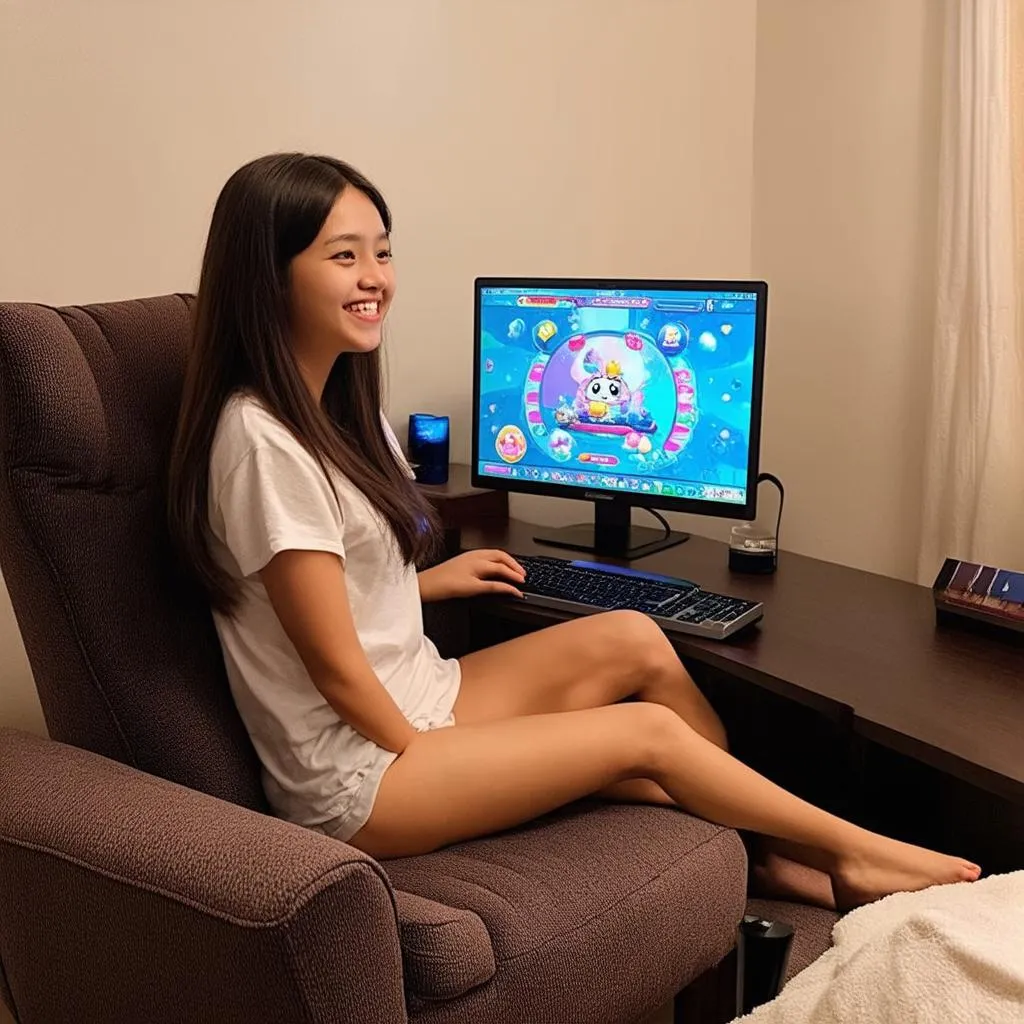 Cô gái đang chơi game dễ thương trong căn phòng ngăn nắp