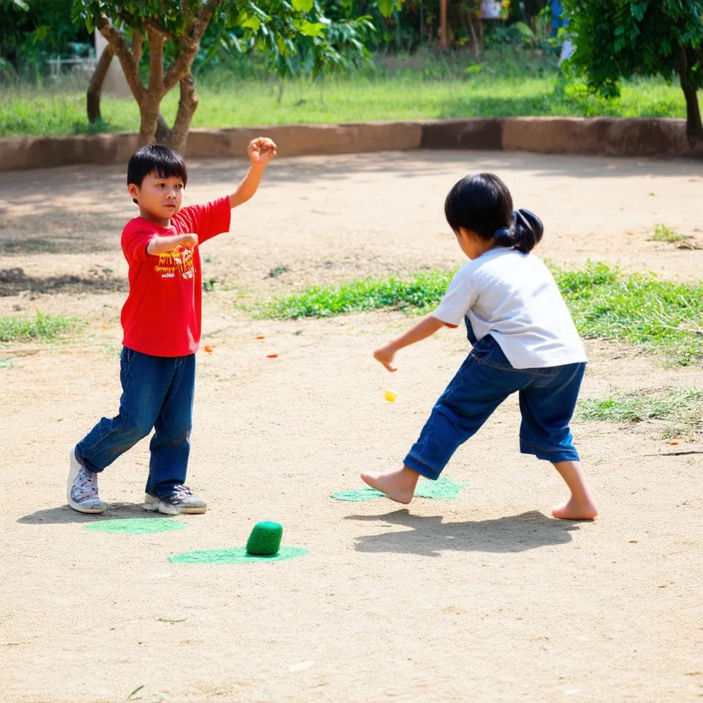 Trẻ em chơi con heo đánh sói