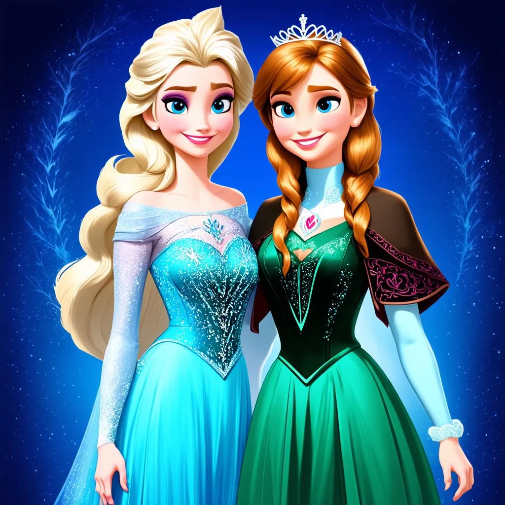 Elsa and Anna in sparkling outfits