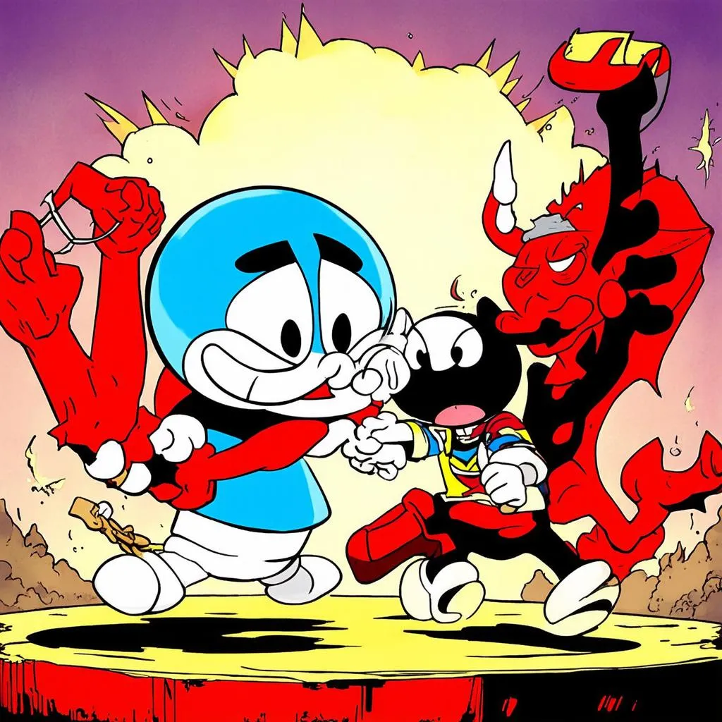 Cuphead và Mugman chiến đấu với quỷ dữ