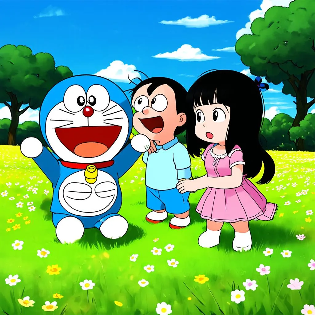 Doraemon, Nobita, Xuka, Shizuka cùng nhau vui chơi