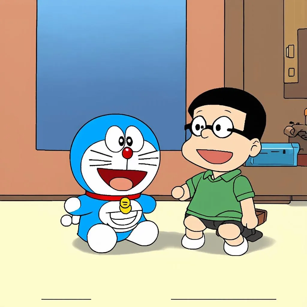 Doraemon và Nobita vui mừng khi chơi game