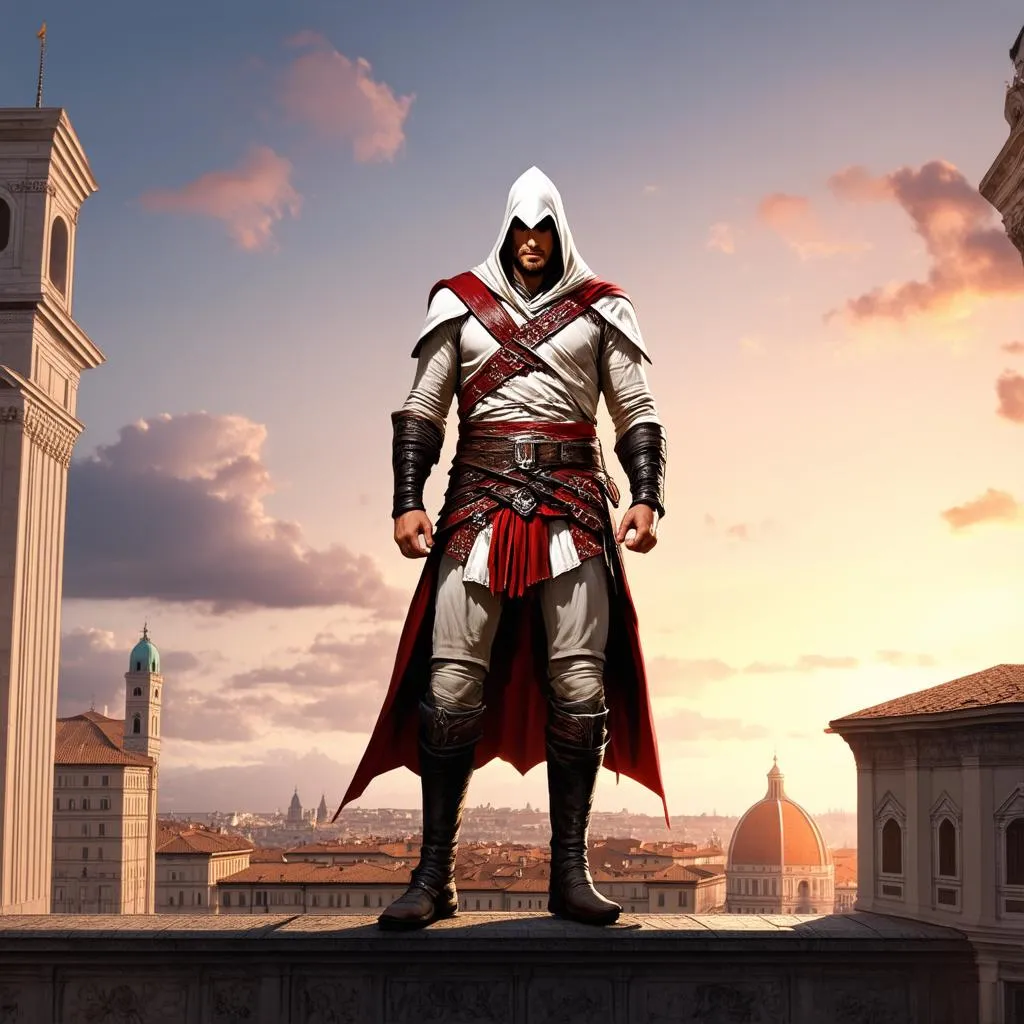 Ezio Auditore đứng trên đỉnh tòa nhà cao ở Florence