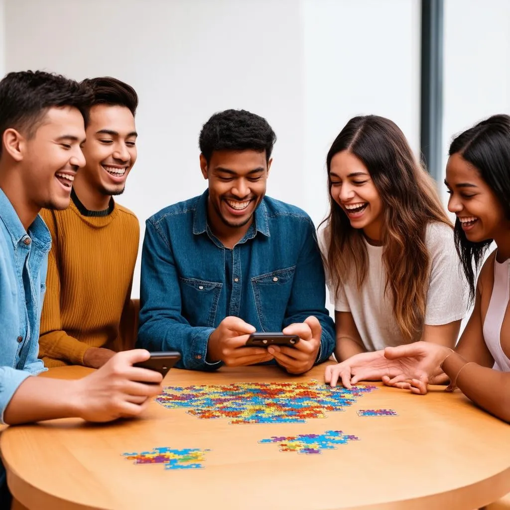 group of friends playing a mobile puzzle game together