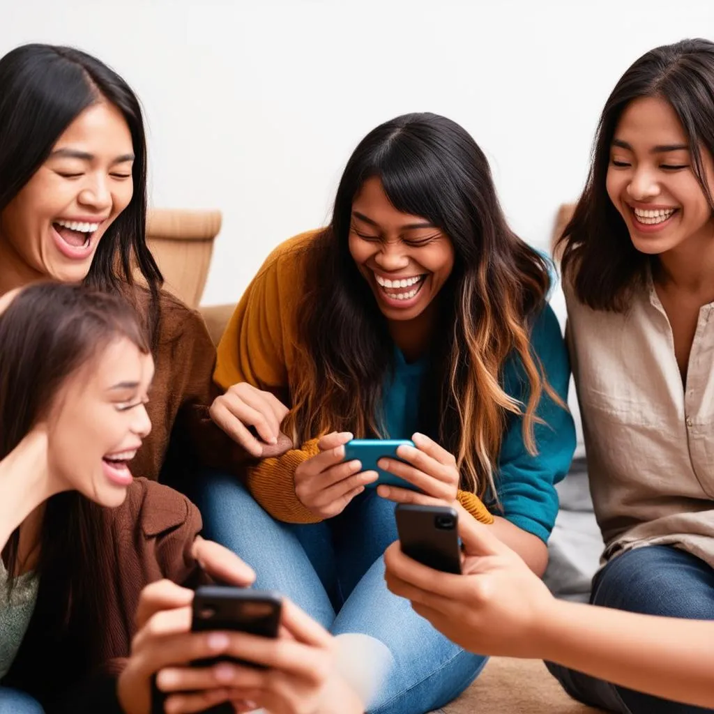 Group of friends playing a mobile game together