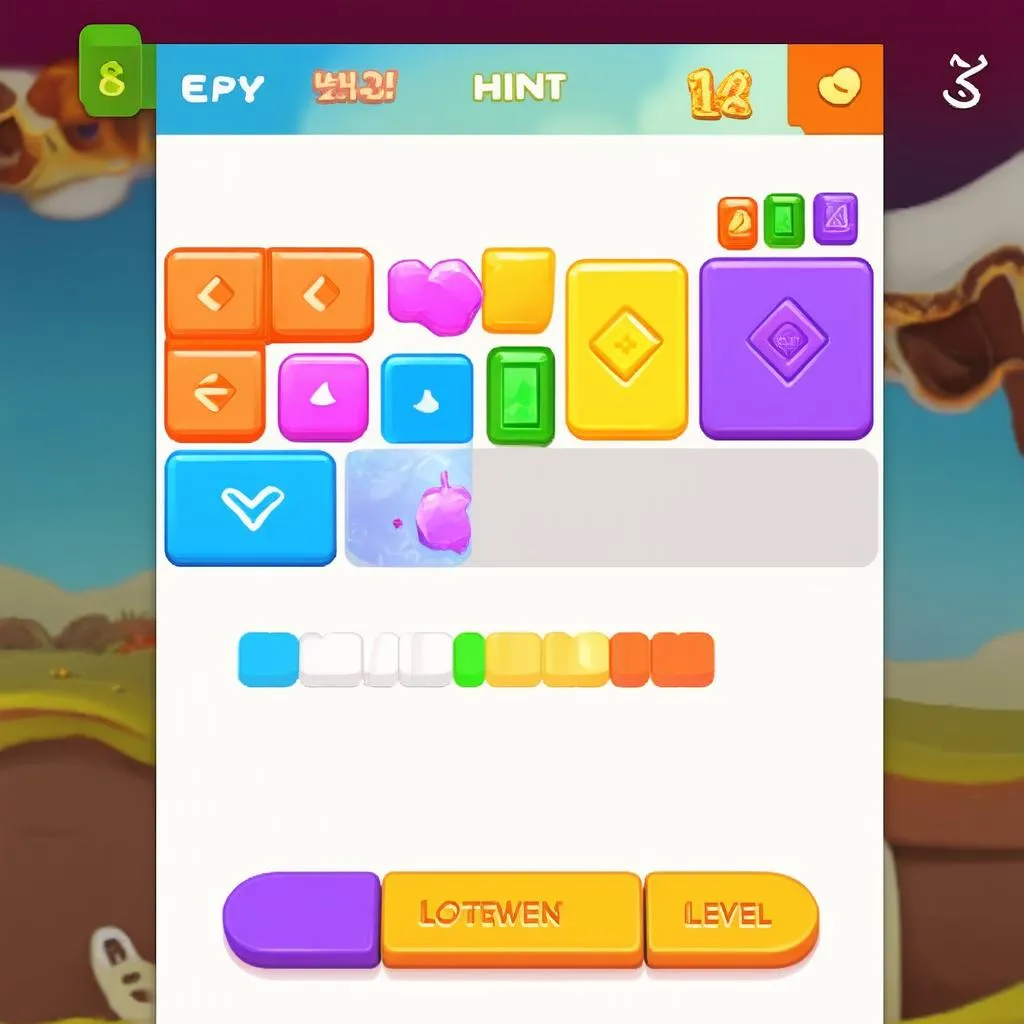 screenshot of the game interface, showing hints and level selection