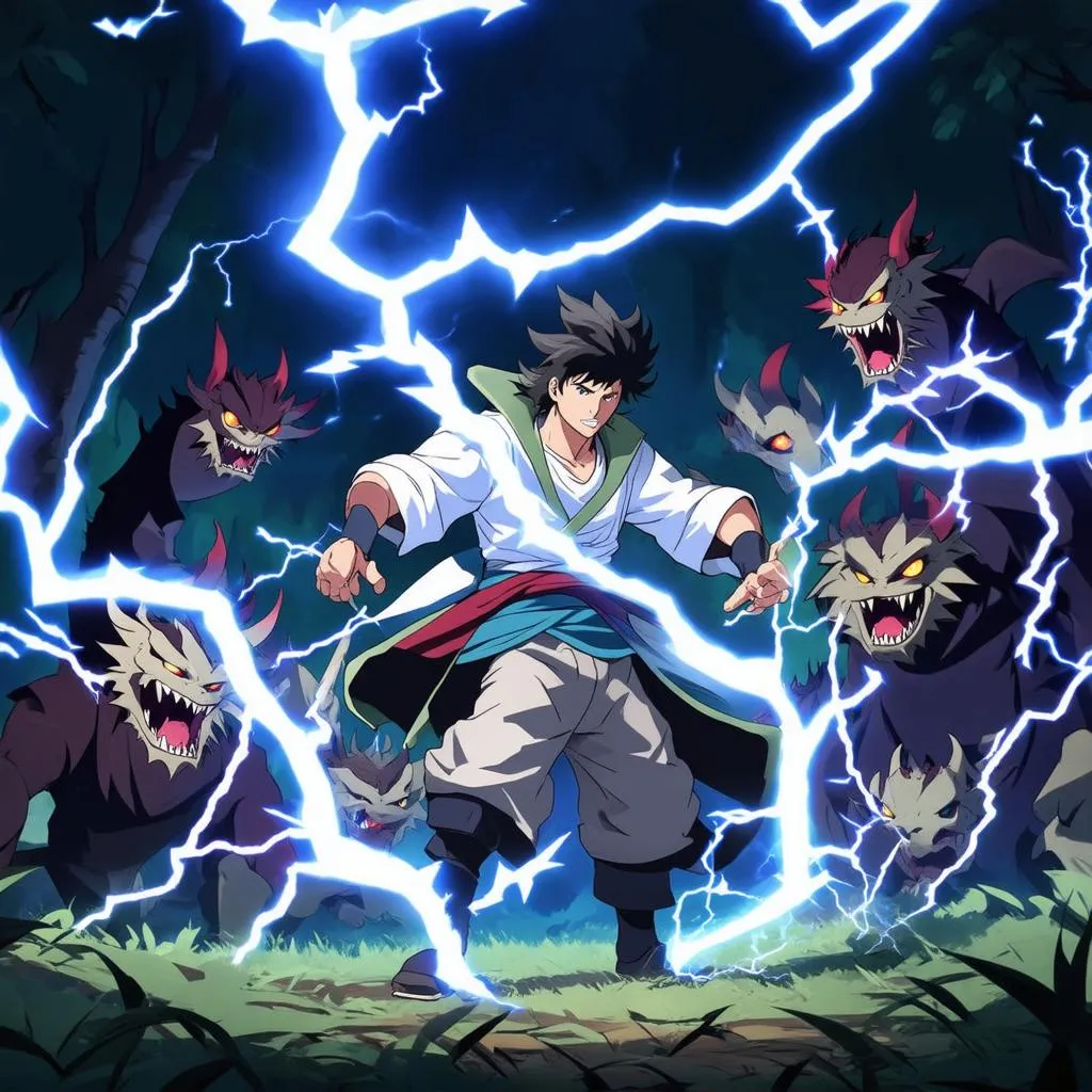 Zenitsu Agatsuma from Demon Slayer unleashing his lightning powers in a video game, surrounded by defeated demons in a dark forest setting. 