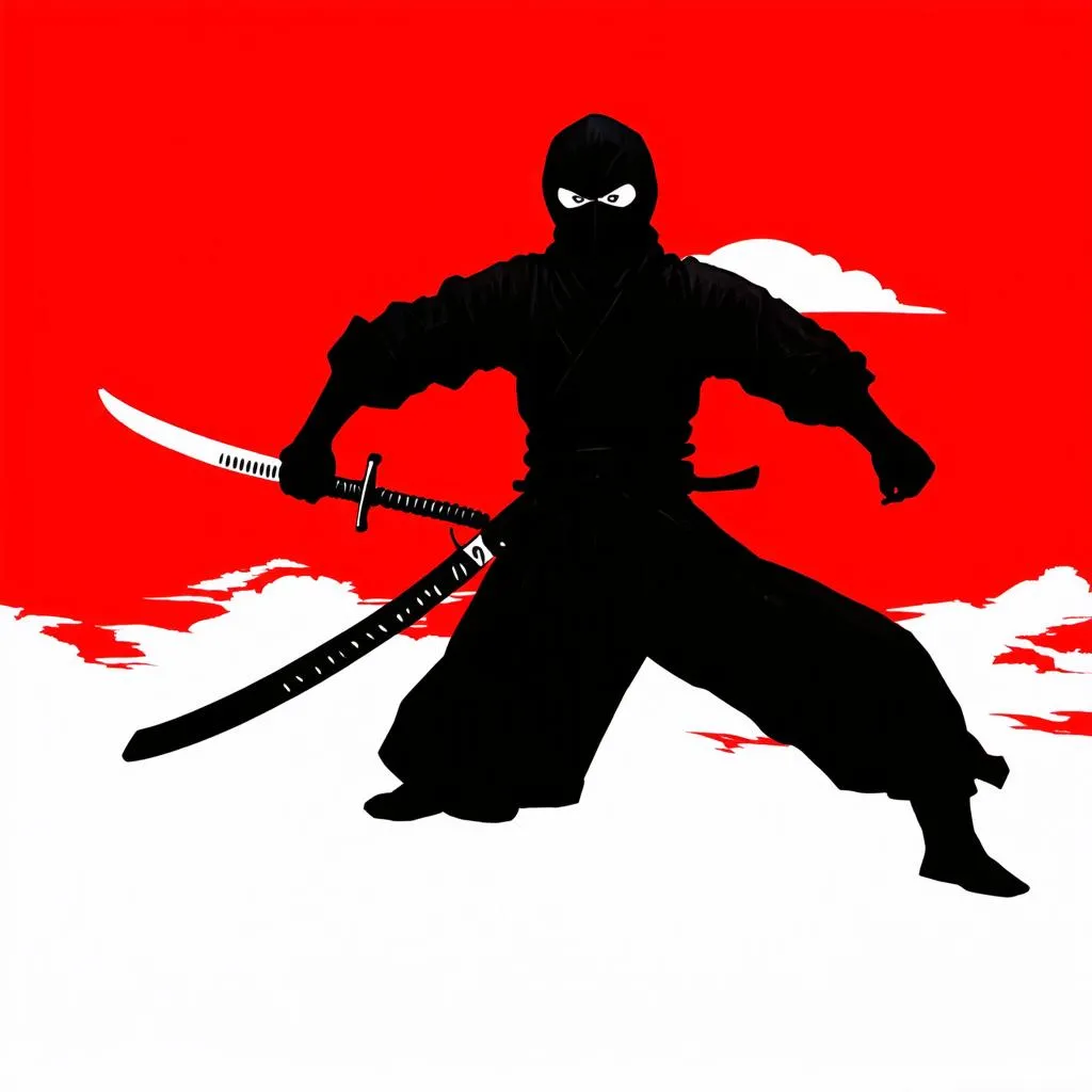 Ninja với thanh katana trên nền trời đỏ rực