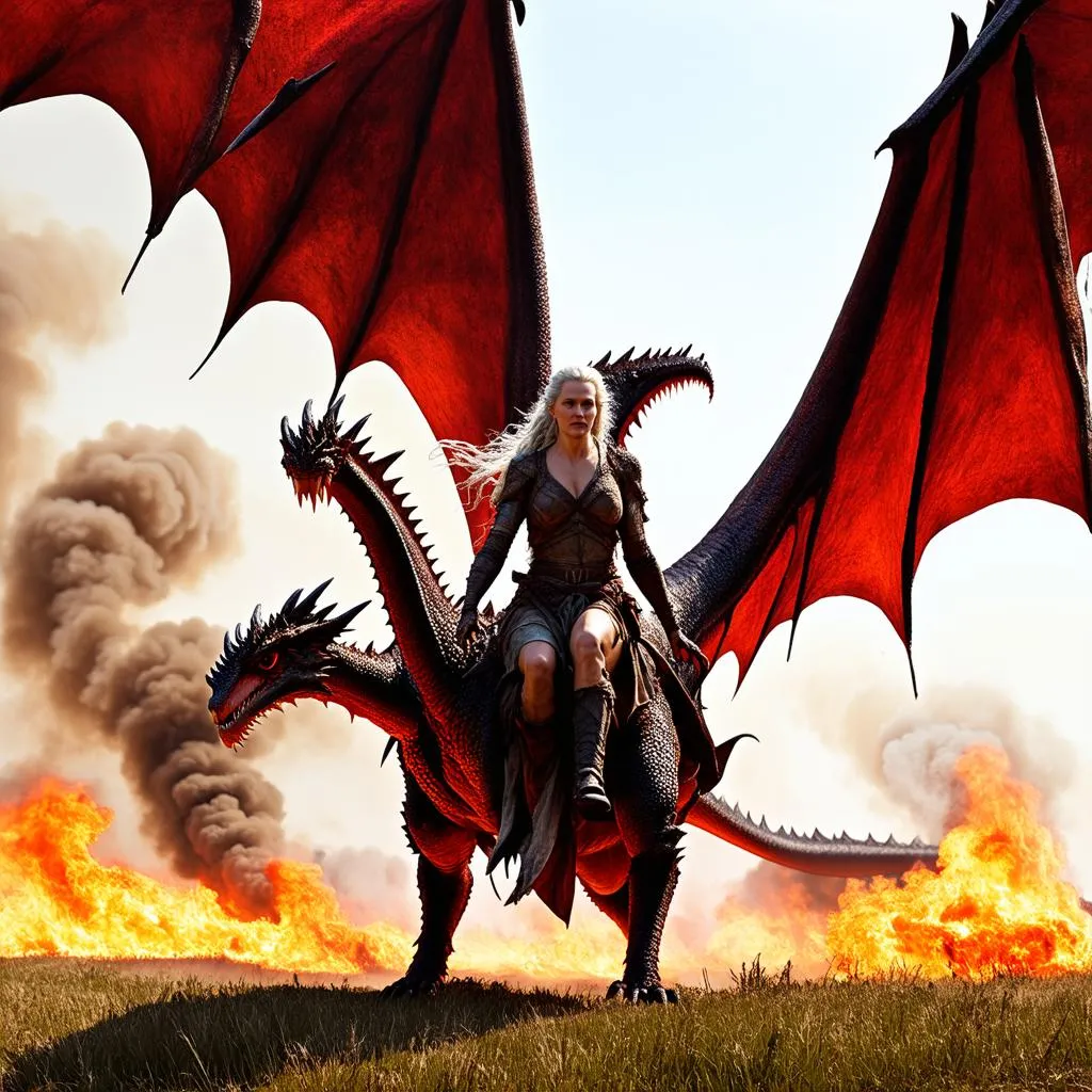 Daenerys Targaryen cưỡi rồng Drogon trên chiến trường