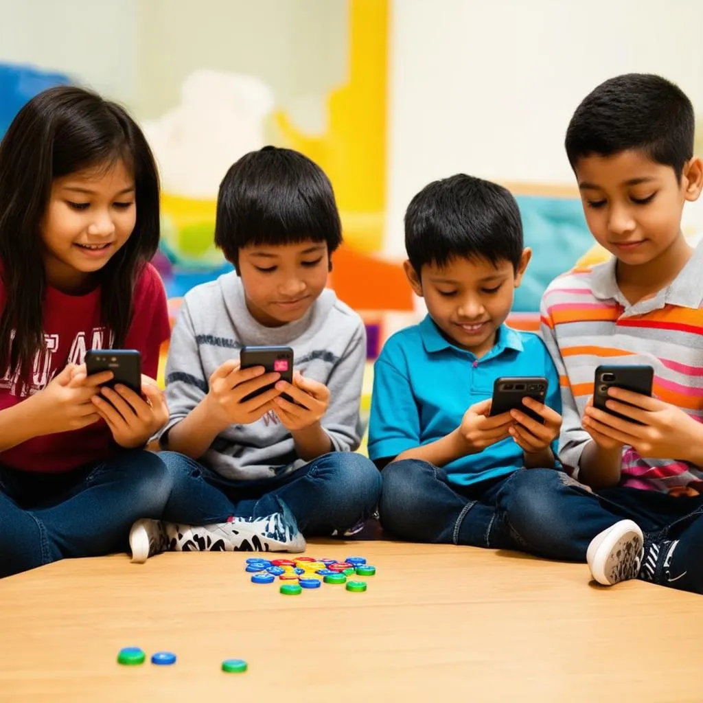 A group of children playing games on the phone