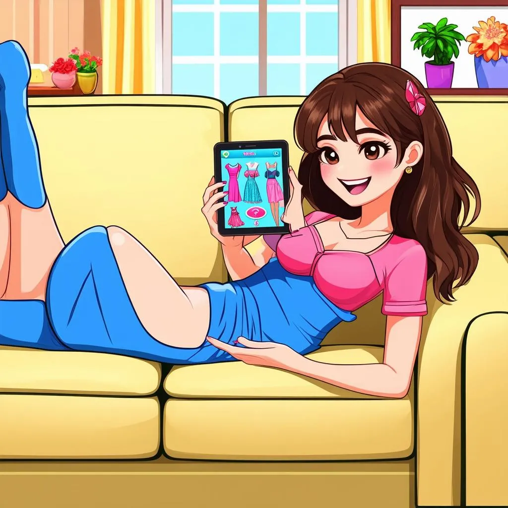 Girl playing fashion game on tablet