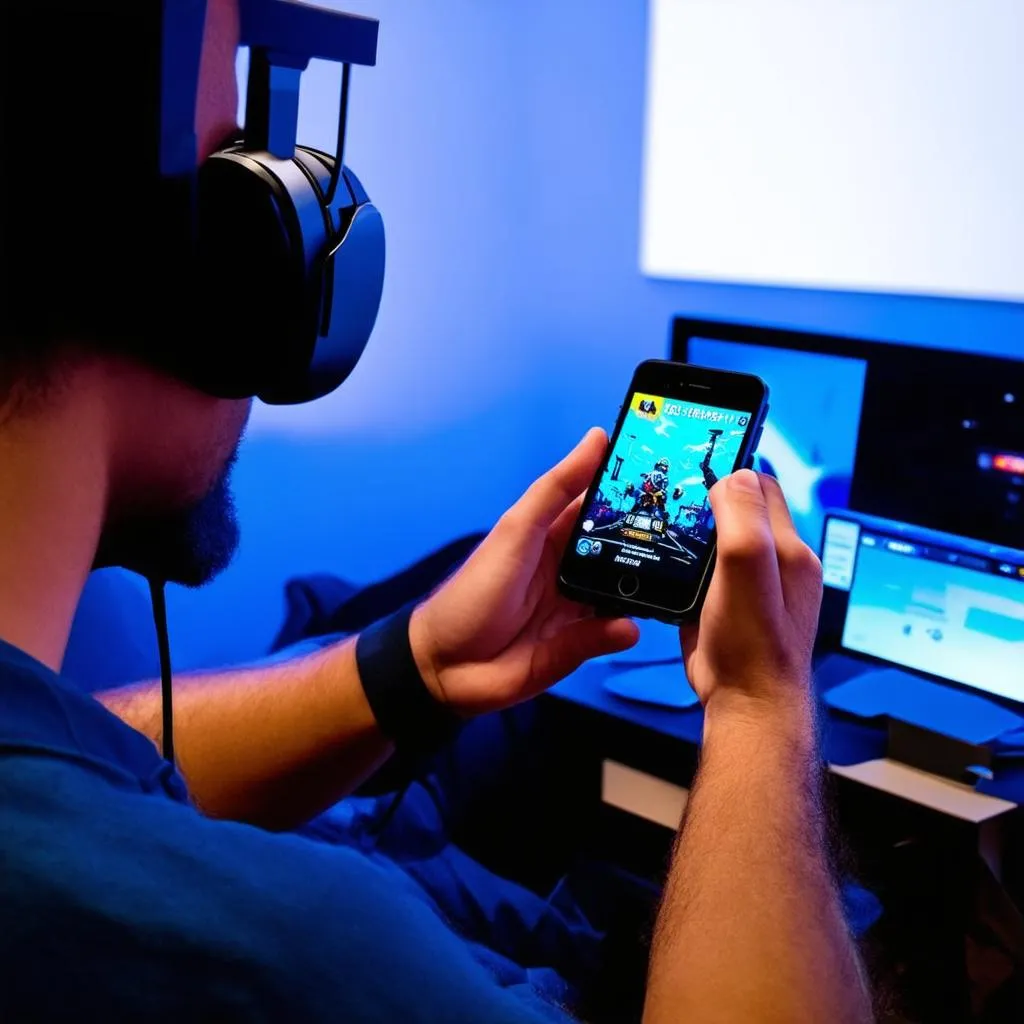 Mobile gamer using headphones