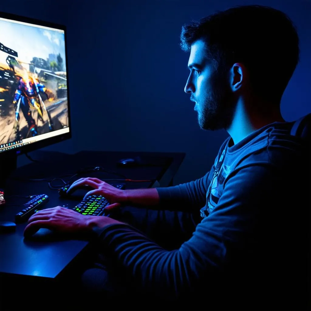 Gamer playing game on computer