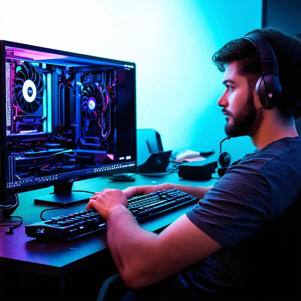 Gamer playing games on desktop computer