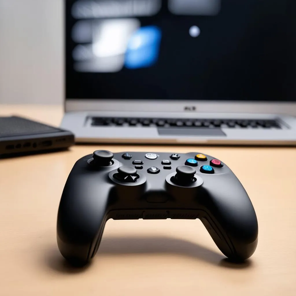 Gamepad on a desk with a laptop in the background